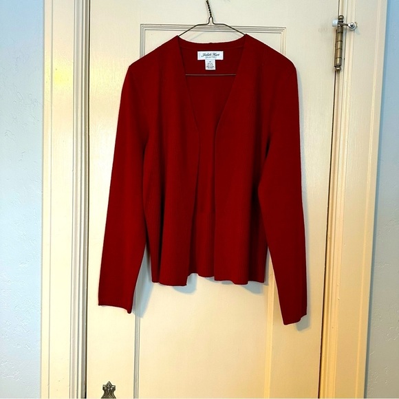 Judith Hart Cardigan Open Front Ribbed Holiday Red Sweater Silk Blend Size S - Picture 2 of 11